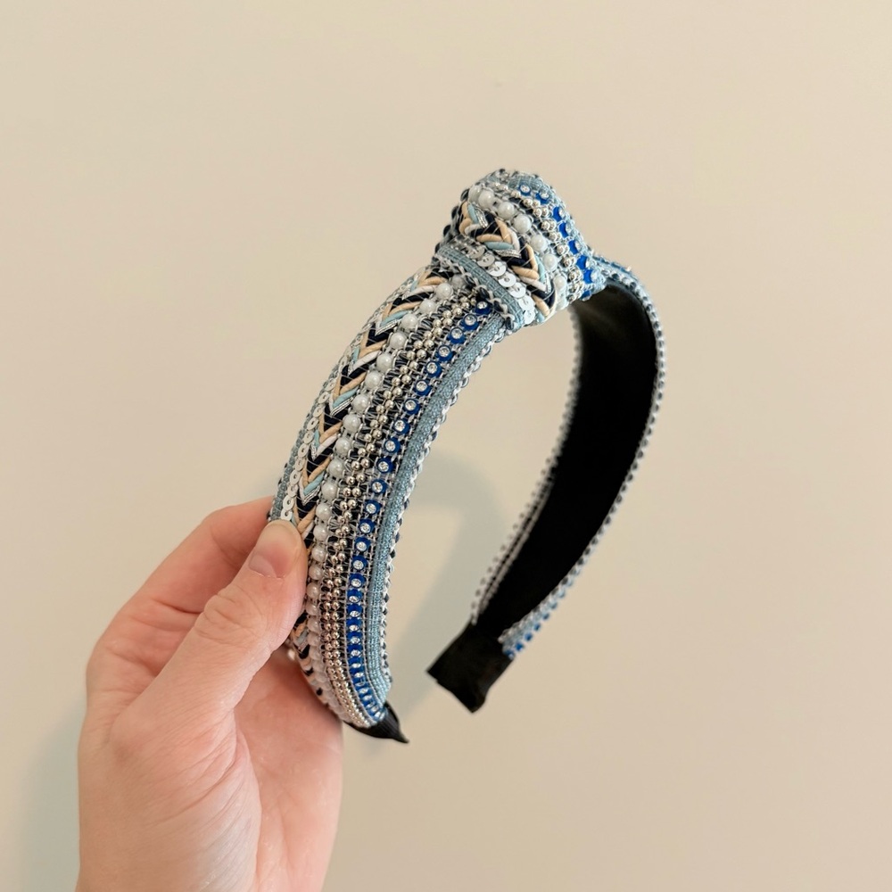 NEW Blue Sequined Beaded Top Knot Headband